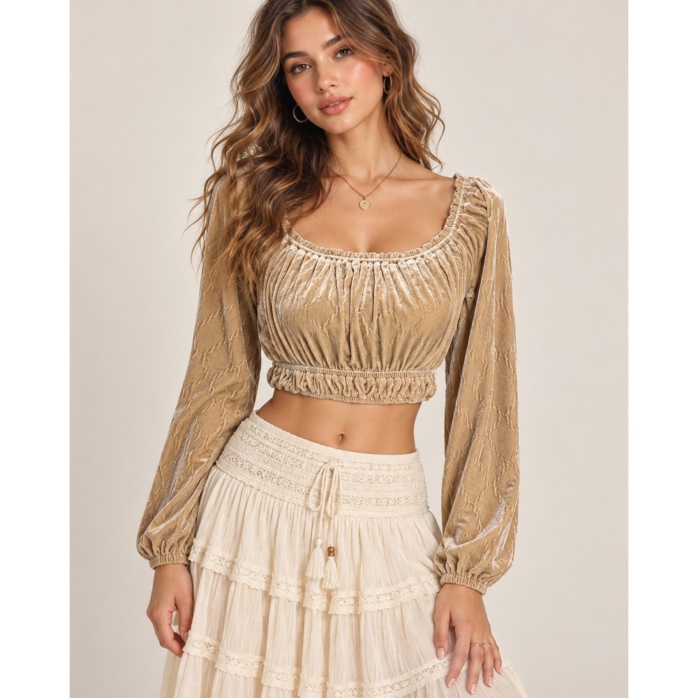 Sterling & Stitch Crushed Velvet Crop Top Small Long Sleeve Boho Festival
